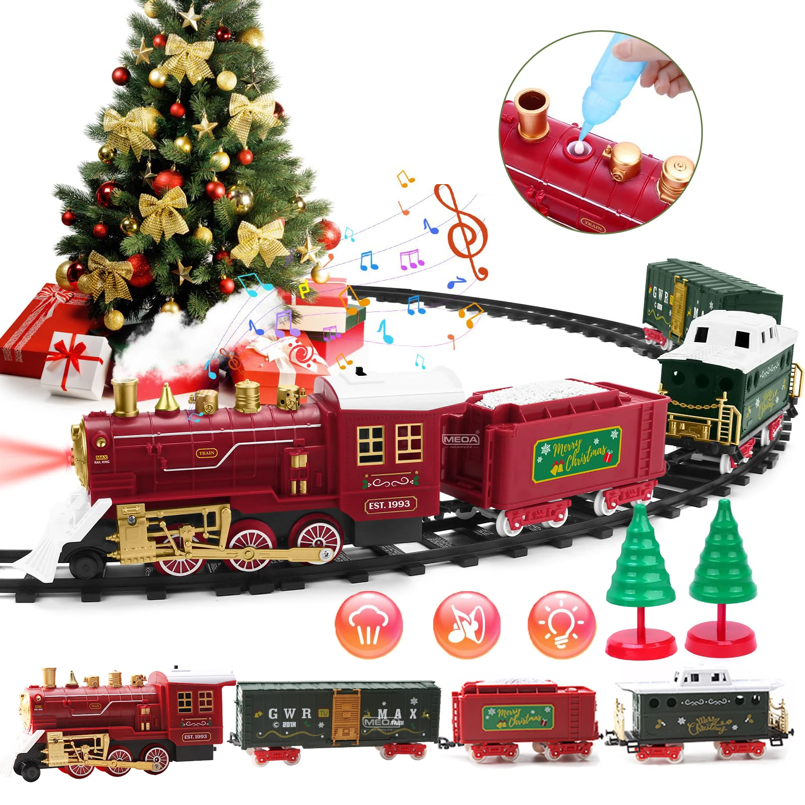 Battery Powered Christmas Electric Trains Toy with Light&Sound Kids Engineering Car Xmas Railway Track Vehicle Birthday Gift