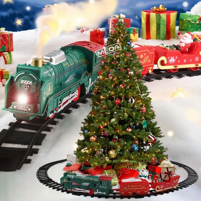 Battery Powered Christmas Electric Trains Toy with Light&Sound Xmas Rotating Christmas Star Decoration Railway Track Vehicle