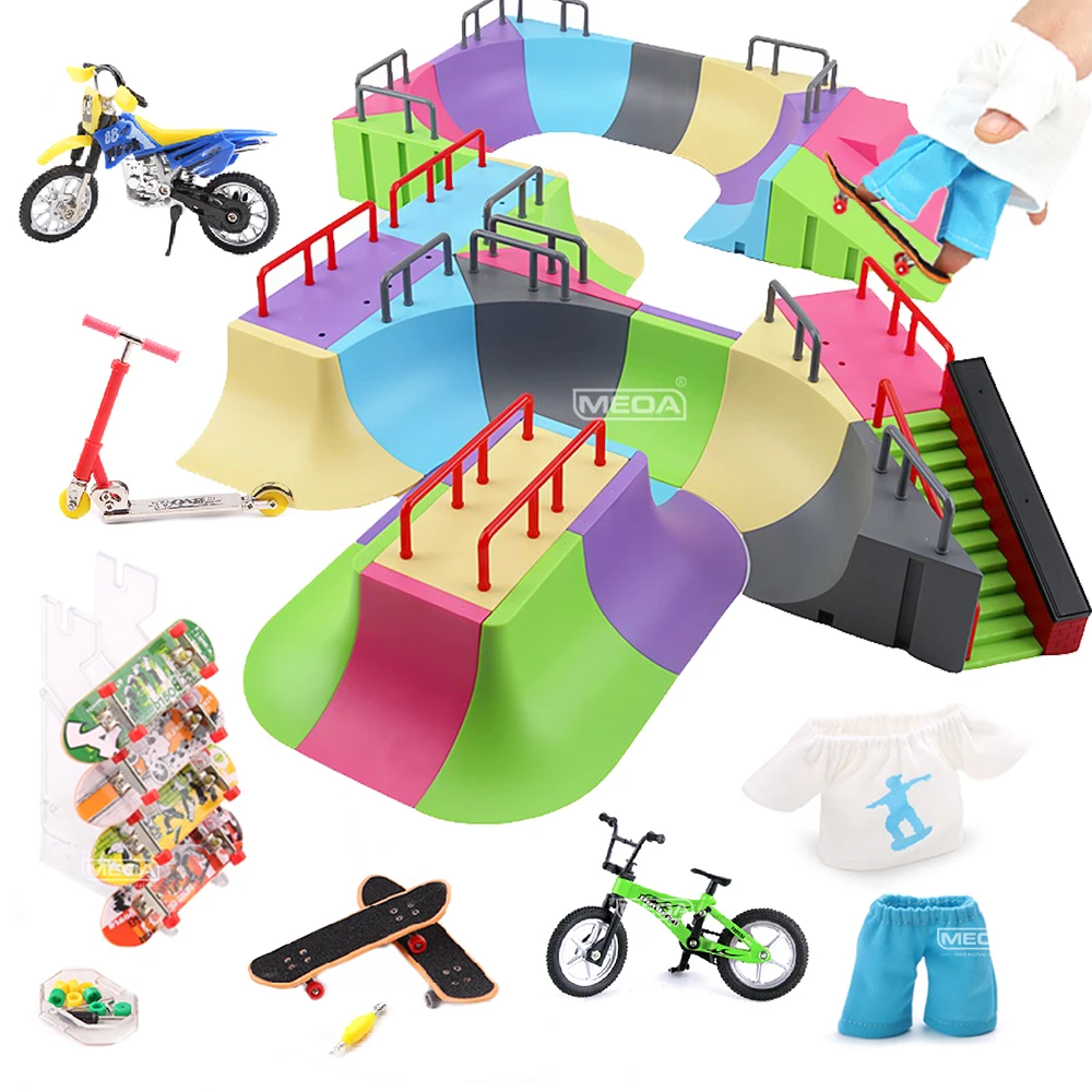 Fingerboard Park Combo with Corner Roll-in Ramp and Stair Finger Skateboard Park Kit with Bike Finger Skatepark Training Toys