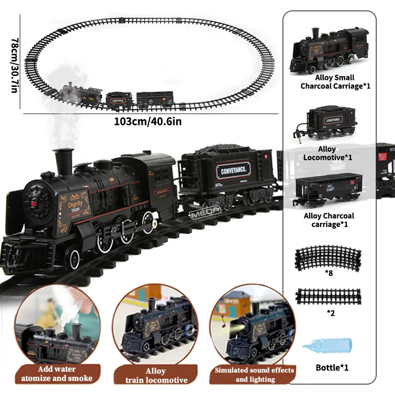 Alloy Black Railway Train Add Water Emit Smoke Toy Metal Carriage Train Track Toys Locomotive with Sound&Light Steam train 